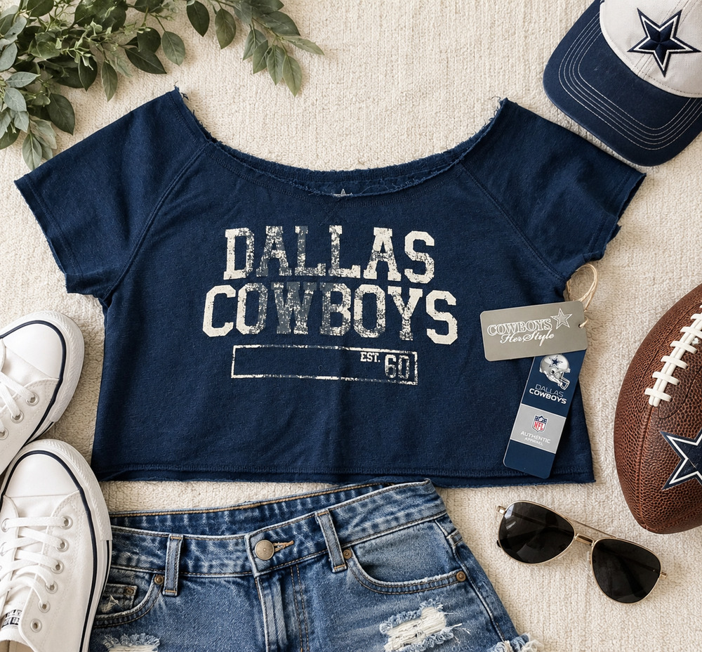 NWT Dallas Cowboys Womens Crop Top Tee M Navy Off Shoulder NFL Her Style